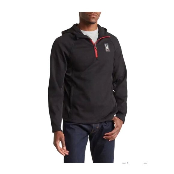 Spyder Logo Black Half Zip Knit Pullover Fleece Pockets Hoodie Sz L New - Picture 1 of 11
